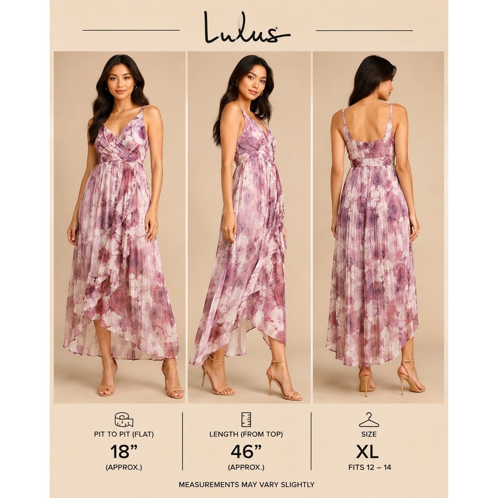 Lulus Purple Floral Pleated High-Low Maxi Dress Metallic XL NWT